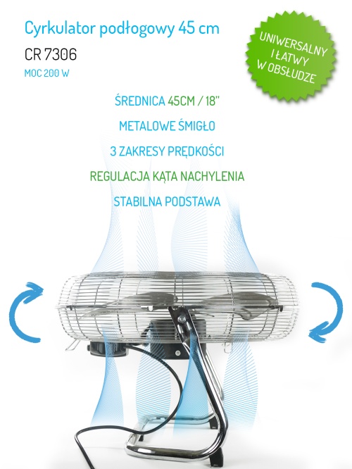 Wentylator stojący 45cm 3 prędkości regulacja kąta Camry 7306