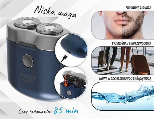 Golarka podróżna bezprzewodowa 2 głowice USB-C Adler 2937