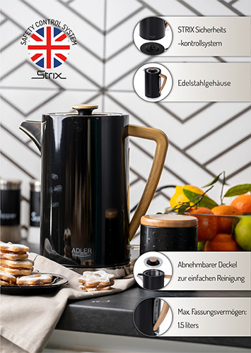 Czajnik elektryczny 1,7L stalowy czarny automatyczne wyłączanie Adler 1347