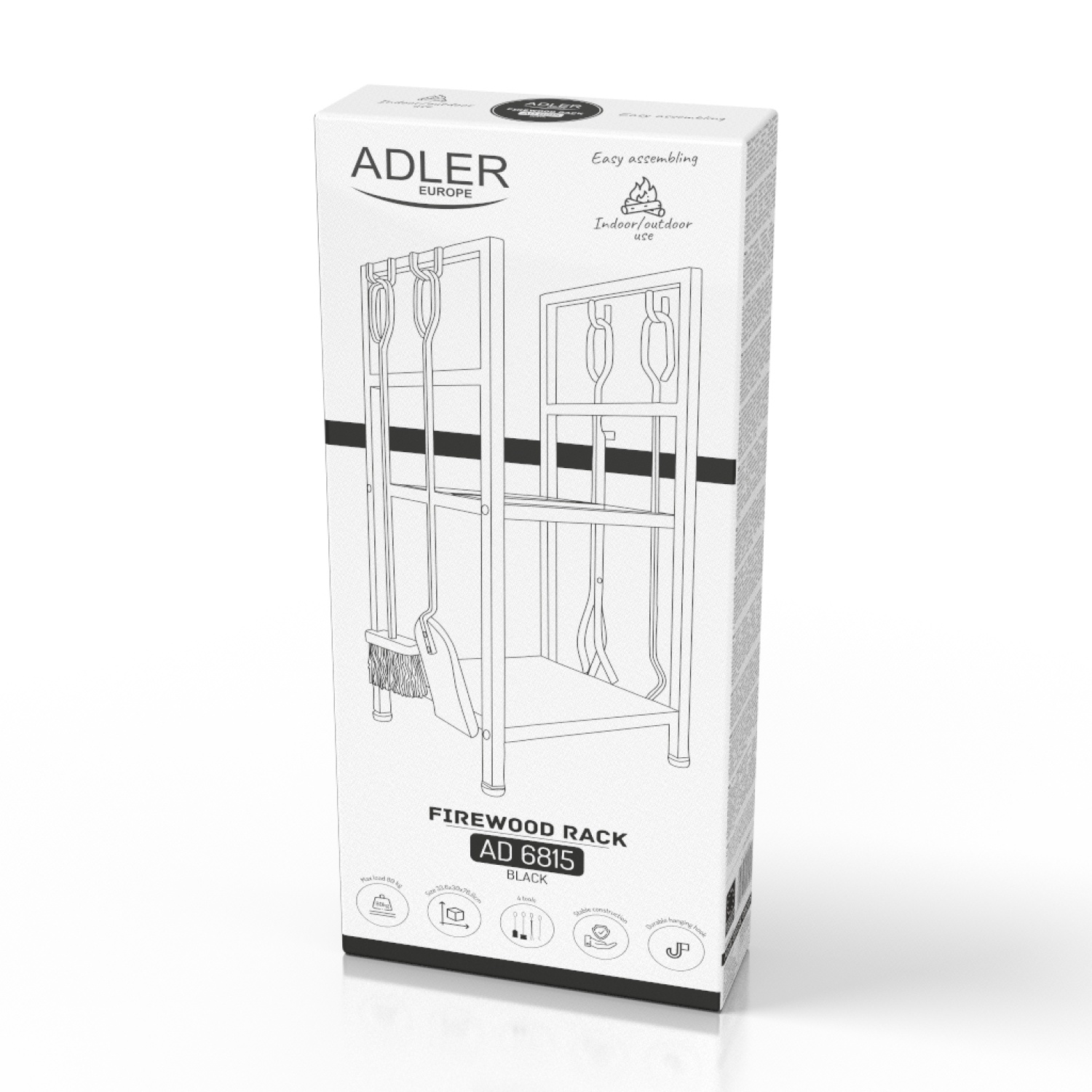 Stojak na drewno kominkowe z narzędziami - stalowy, na taras Adler 6815