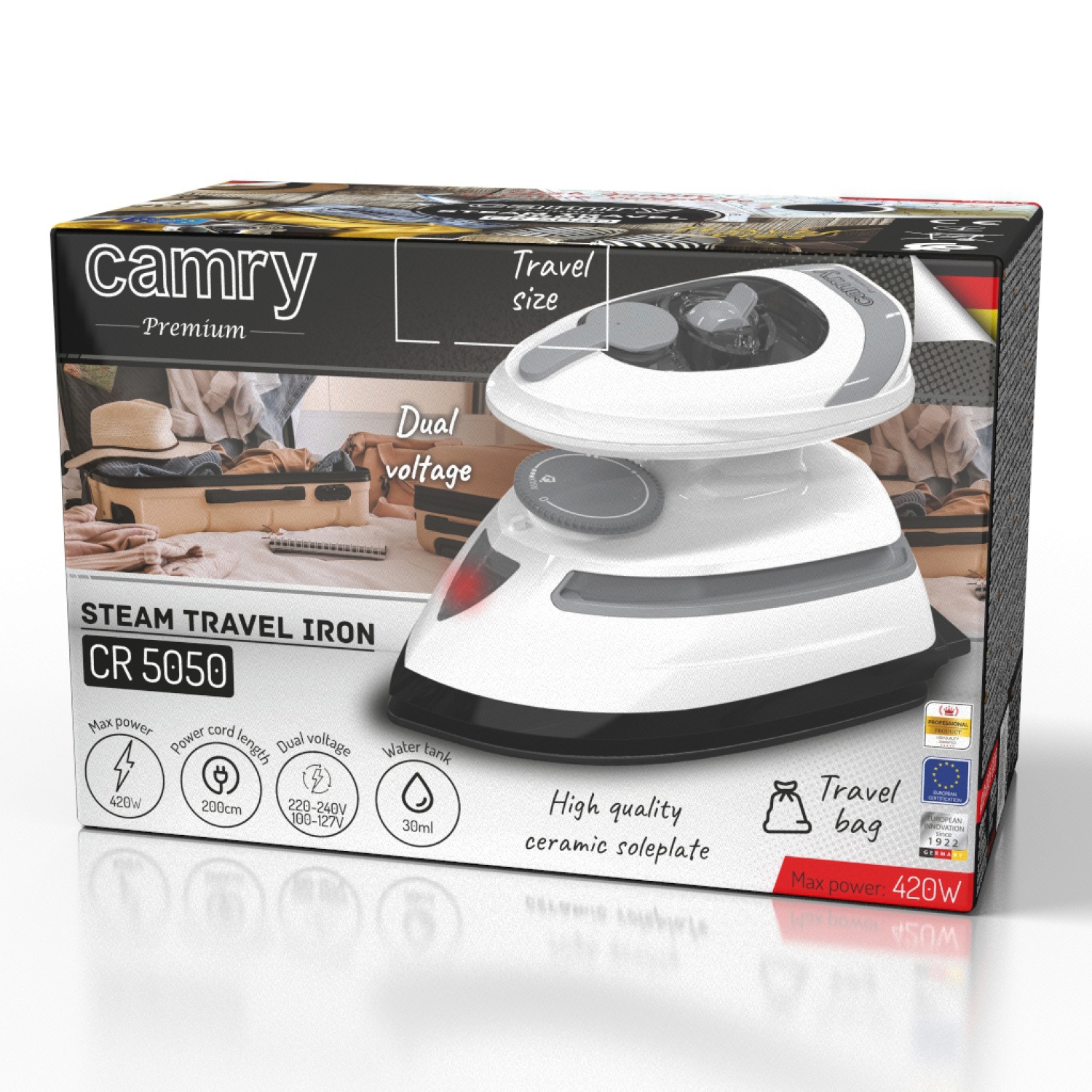 Żelazko parowe turystyczne z ceramiczną stopą i podwójnym zasilaniem Camry 5050