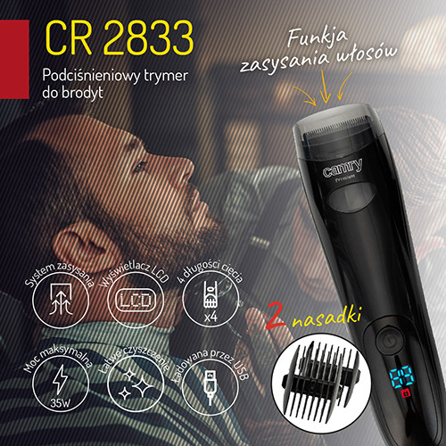Bezprzewodowy trymer do brody z zasysaniem włosów i LCD Camry 2833