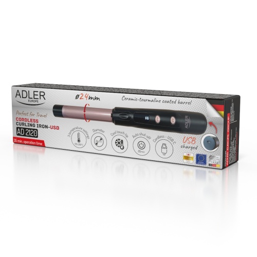 Bezprzewodowa lokówka podróżna 24mm z USB i wyświetlaczem LED Adler 2120