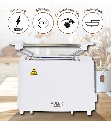 Toster 2 kromki z opcją podgrzewania bułek - biały Adler 3223