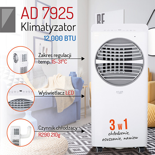 Klimatyzator przenośny 12000 BTU do 45m² z pilotem Adler 7925