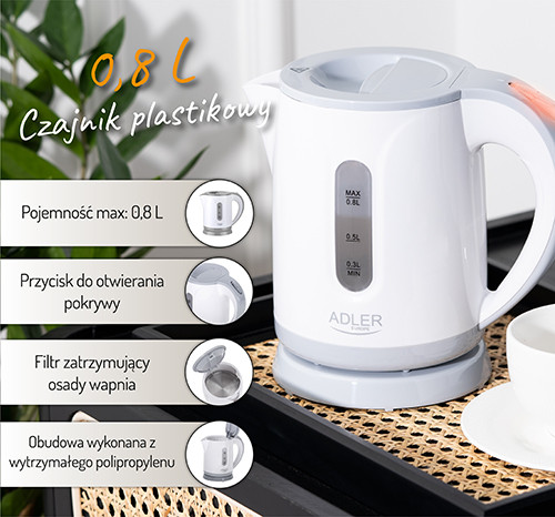 Czajnik elektryczny 0,8L z filtrem i automatycznym wyłączaniem Adler 1371