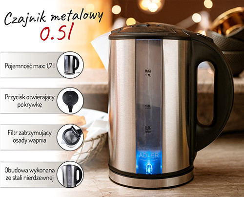 Czajnik elektryczny 1,7 L stal nierdzewna Adler 1216