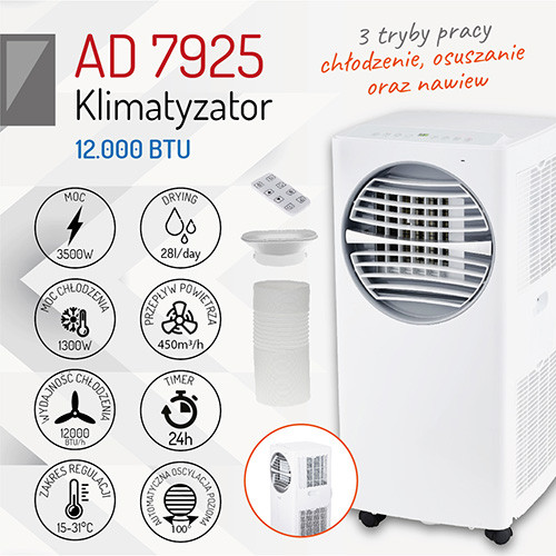 Klimatyzator przenośny 12000 BTU do 45m² z pilotem Adler 7925