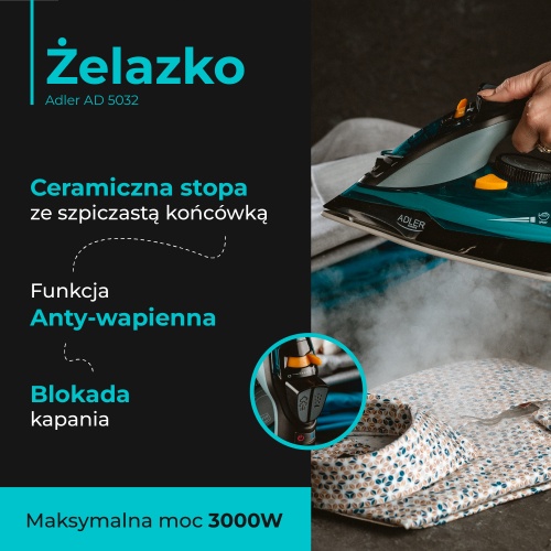 Żelazko parowe 3000W z uderzeniem pary 80g/min Adler 5032