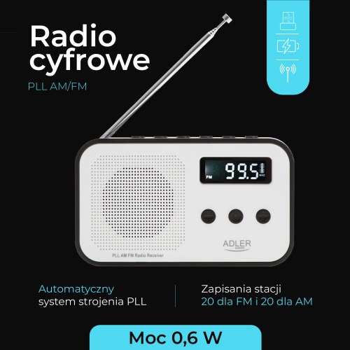 Radio cyfrowe AM/FM z PLL, budzikiem i zasilaniem USB-C Adler 1907