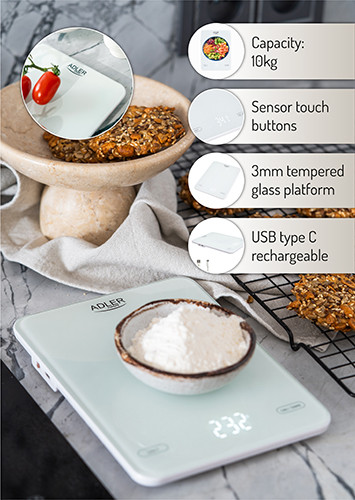 Waga kuchenna 10kg z ładowaniem USB i szklaną platformą Adler 3177