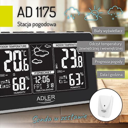 Stacja pogodowa z pomiarem temperatury i wilgotności Adler 1175
