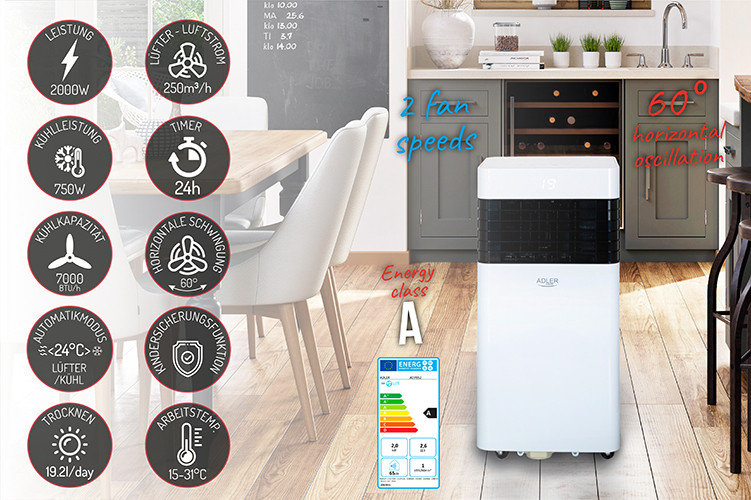 Klimatyzator przenośny 7000 BTU z osuszaniem Adler 7852