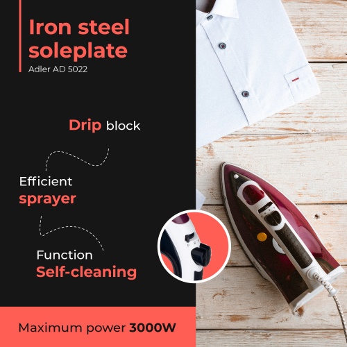 Żelazko parowe 3000W z funkcją samooczyszczania Adler 5022