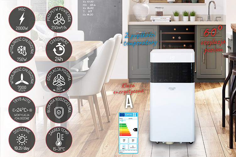 Klimatyzator przenośny 7000 BTU z osuszaniem Adler 7852