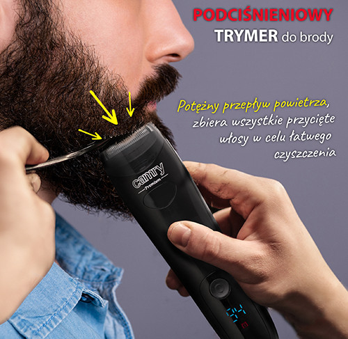 Bezprzewodowy trymer do brody z zasysaniem włosów i LCD Camry 2833