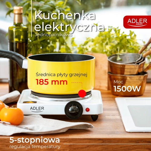 Kuchenka elektryczna jednopalnikowa 1500W stalowa Adler 6503