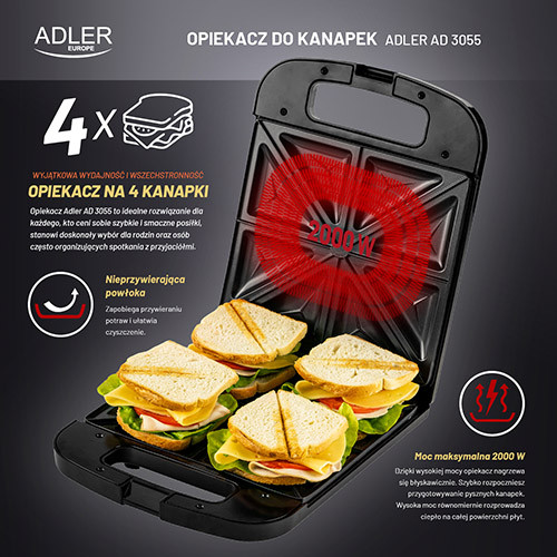Opiekacz do kanapek na 4 tosty z powłoką nieprzywierającą Adler 3055