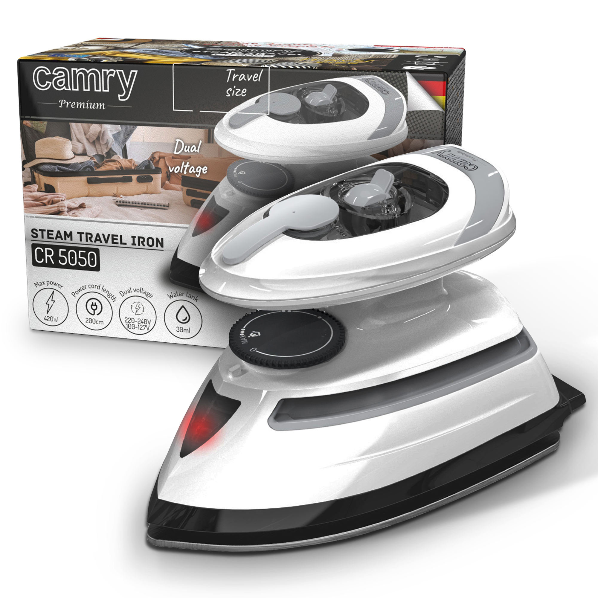 Żelazko parowe turystyczne z ceramiczną stopą i podwójnym zasilaniem Camry 5050