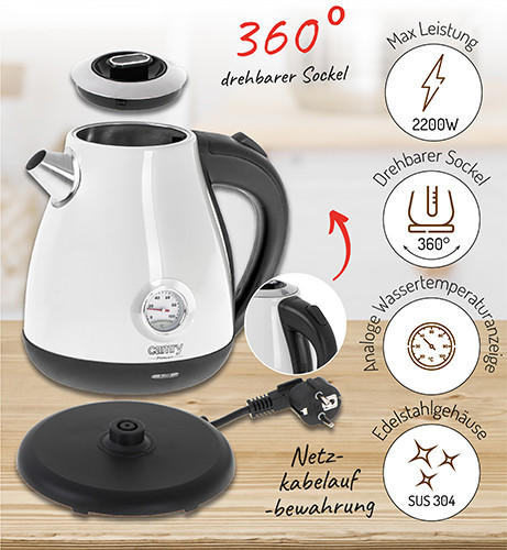 Czajnik elektryczny z termometrem 1,7L stalowy Camry 1344