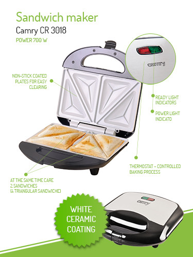 Opiekacz do kanapek 850W z powłoką ceramiczną Camry 3018