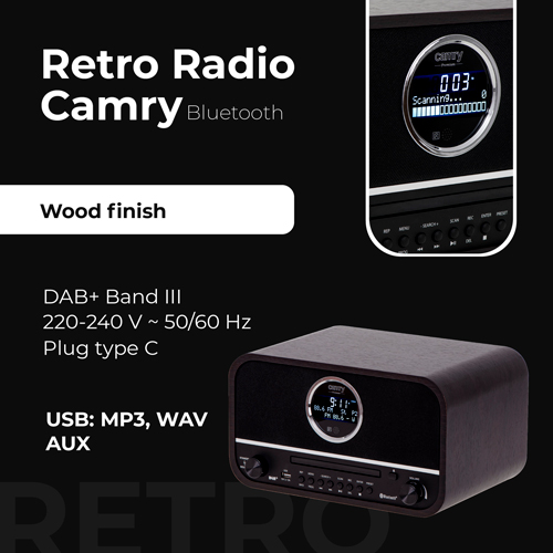 Radio retro z Bluetooth DAB+ FM CD drewniana obudowa Camry 1182