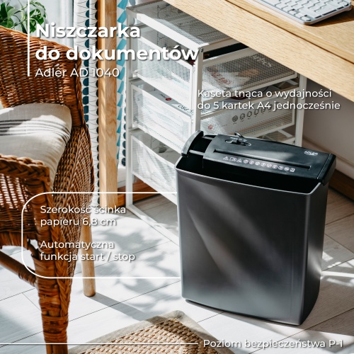 Niszczarka do dokumentów na kosz - 5 kartek P-1 Adler 1040