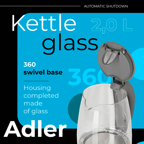 Czajnik szklany 2,0 L z podświetleniem LED i automatycznym wyłączaniem Adler 1286