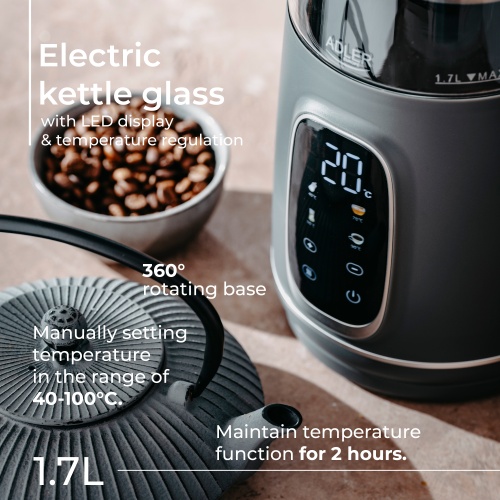 Czajnik elektryczny szklany z regulacją temperatury 1,7L LED Adler 1305