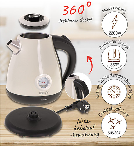 Czajnik elektryczny z termometrem 1,7L stalowy Camry 1344