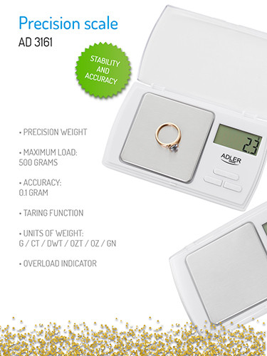 Waga jubilerska 500g z dokładnością 0,1g i funkcją tarowania Adler 3161