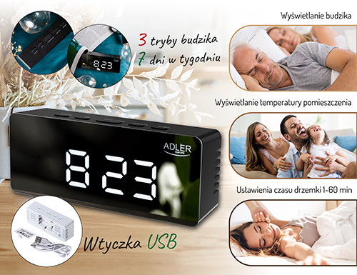 Budzik z wyświetlaczem LED i pomiarem temperatury Adler 1189