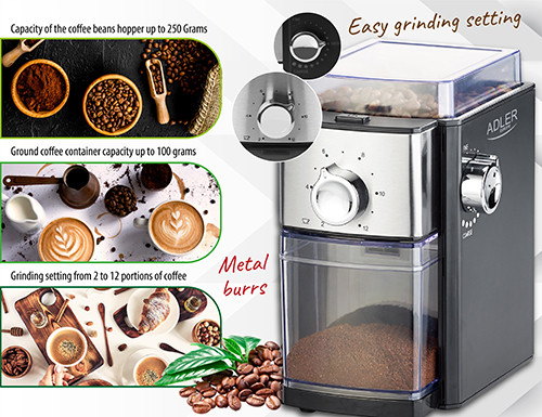 Młynek żarnowy do kawy 300W z regulacją mielenia Adler 4448