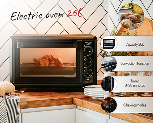 Piekarnik elektryczny 26L z termoobiegiem i minutnikiem Adler 6023