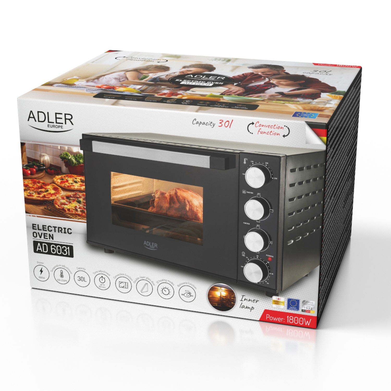 Piekarnik elektryczny 30L z konwekcją i rożnem Adler 6031