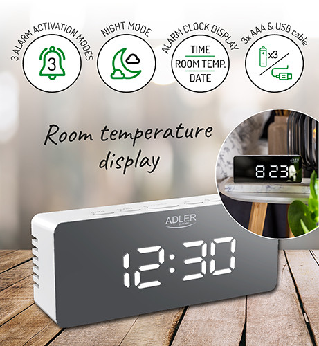 Budzik LED z termometrem i zasilaniem USB - Adler 1189