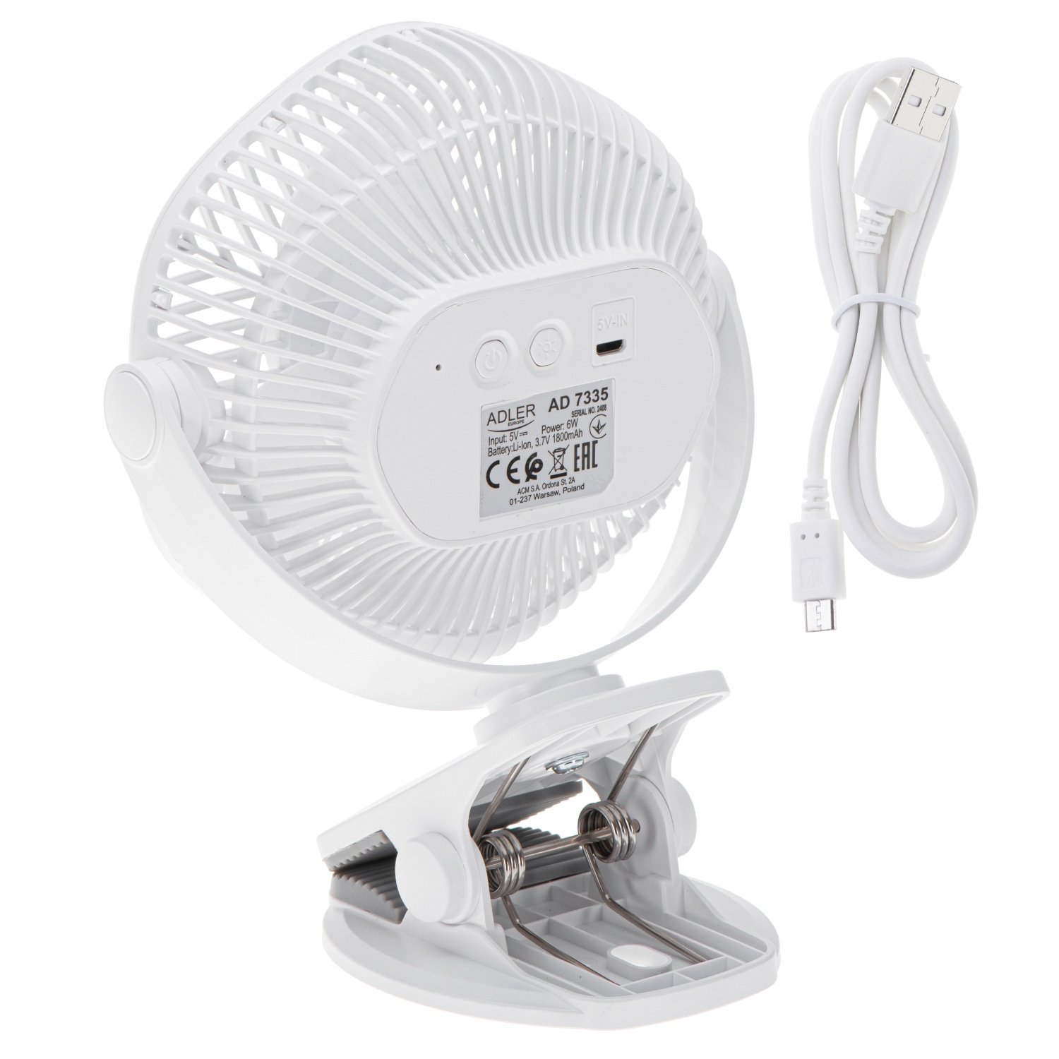 Wentylator akumulatorowy z klipsem i lampą LED - Adler 7335