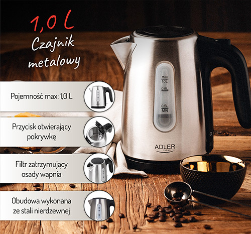 Czajnik elektryczny 1L stalowy z filtrem Adler 1273