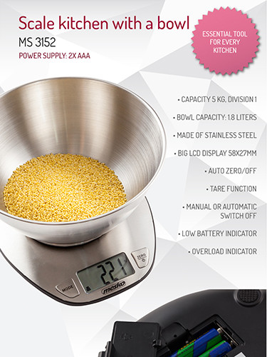 Waga kuchenna elektroniczna 5kg z misą 2l i pomiarem ml Mesko Mesko 3152