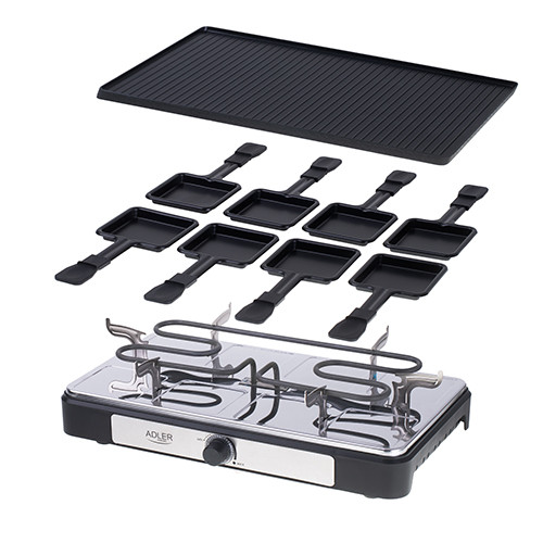 Grill Raclette elektryczny z 8 patelenkami i płytą grzewczą Adler 6616