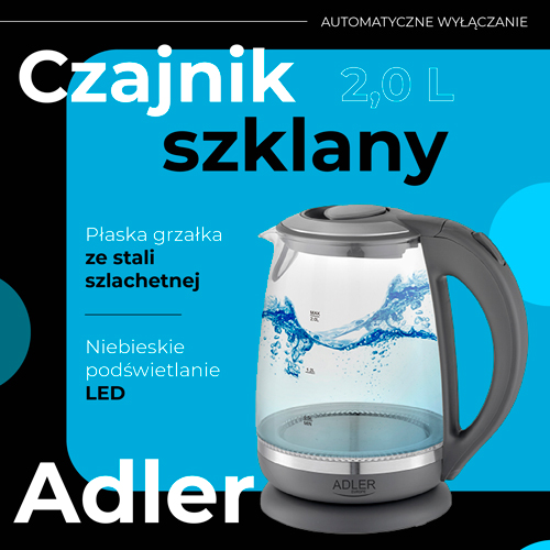 Czajnik szklany 2,0 L z podświetleniem LED i automatycznym wyłączaniem Adler 1286