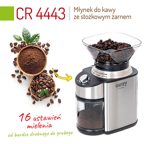Elektryczny młynek do kawy ze stożkowymi żarnami - 16 stopni - Camry 4443