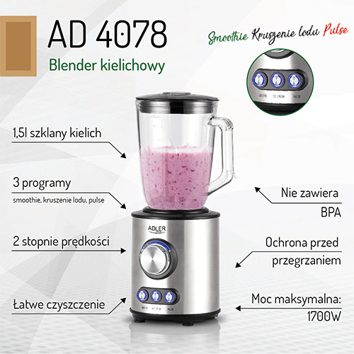 Blender kielichowy 1700W szklany kielich 1.5L Adler 4078