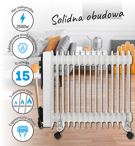 Grzejnik olejowy 15-żebrowy 2500W z termostatem - Adler 7819