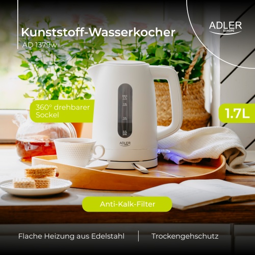 Czajnik elektryczny 1,7L z płaską grzałką - automatyczne wyłączanie Adler 1379w
