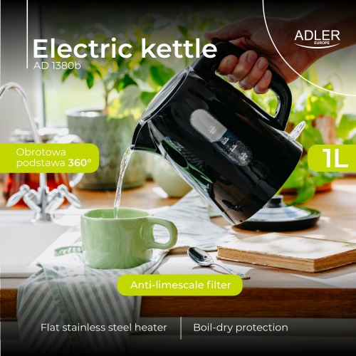 Czajnik elektryczny 1L z płaską grzałką - obrotowa podstawa Adler 1380b