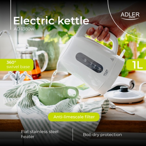 Czajnik elektryczny 1L z płaską grzałką i obrotową podstawą Adler 1380w