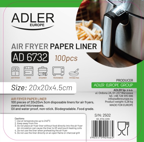 Wkłady do frytkownicy powietrznej 100 szt. - 20 cm - Do 240°C Adler 6732