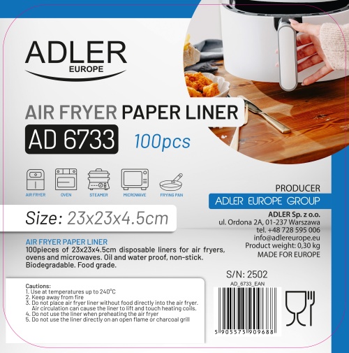 Wkłady papierowe do frytkownicy powietrznej 100 szt. 23 cm Adler 6733