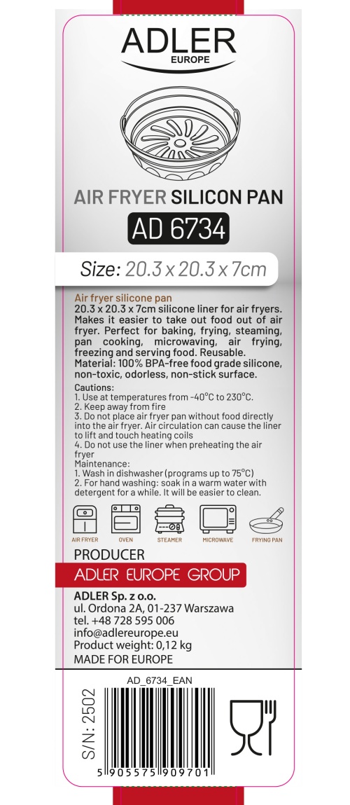 Silikonowa wkładka do frytkownicy powietrznej 20,3 cm Adler 6734